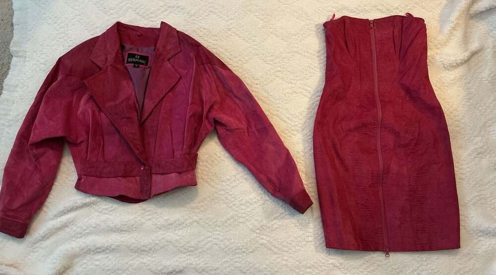 Bermans Vintage Hot Pink Genuine Suede Leather Jacket & Dress Set Sz 8 A627